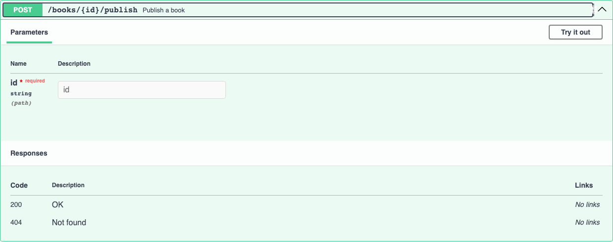 Expanded POST /books/{id}/publish operation showing its id path parameter and 200/404 responses